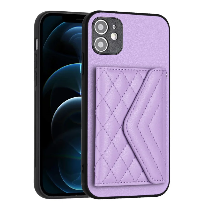 YB Leather Coating Series-8 For iPhone 12 6.1 inch Cell Phone Case RFID Blocking Card Slots Back Cover - Purple