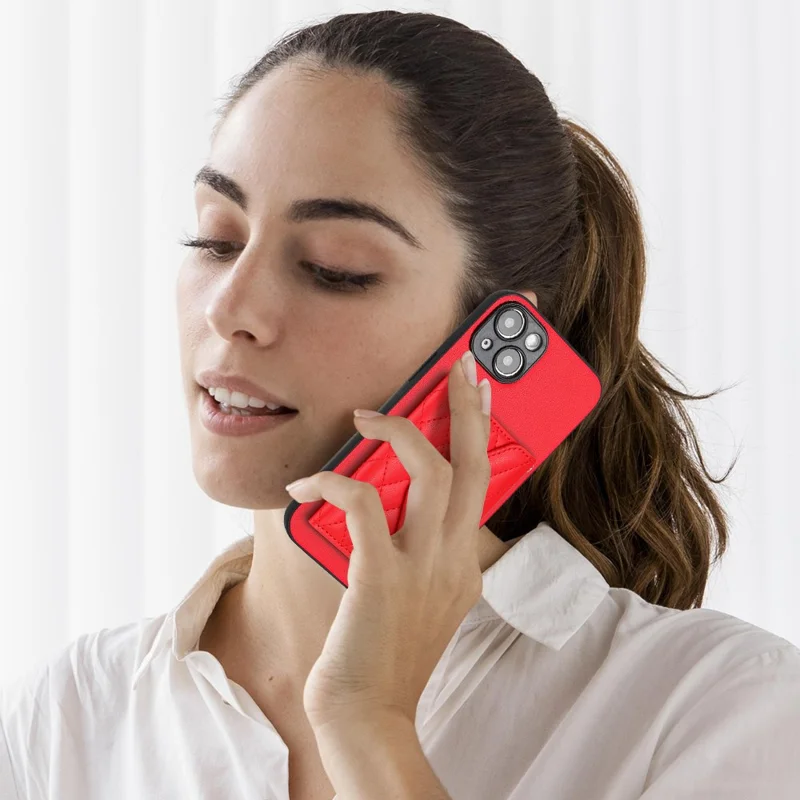 YB Leather Coating Series-8 Cell Phone Case for iPhone 14 RFID Blocking Back Cover with Card Slots - Red