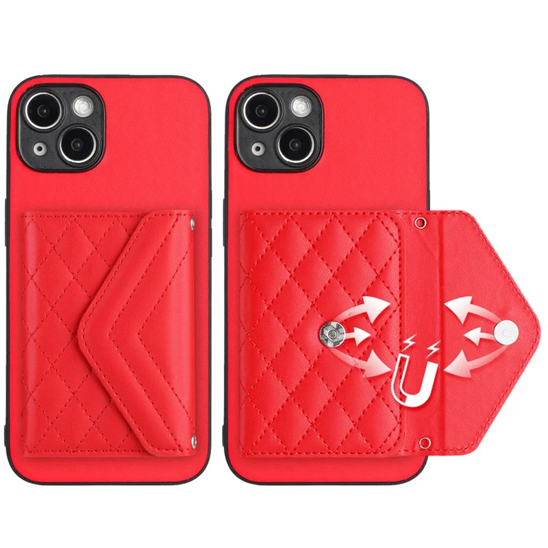 YB Leather Coating Series-8 Cell Phone Case for iPhone 14 RFID Blocking Back Cover with Card Slots - Red