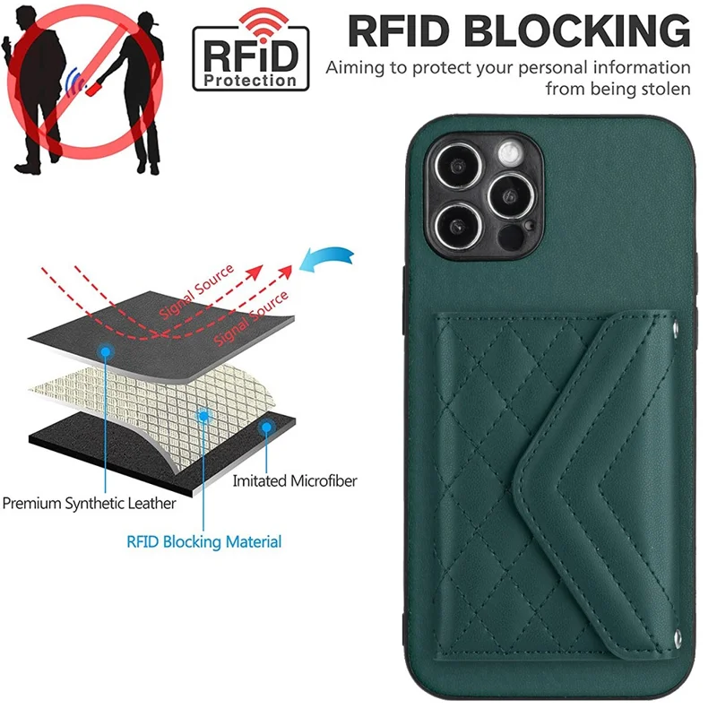 YB Leather Coating Series-8 For iPhone 12 Pro 6.1 inch Case Leather+TPU Phone Back Cover with Card Slots - Green