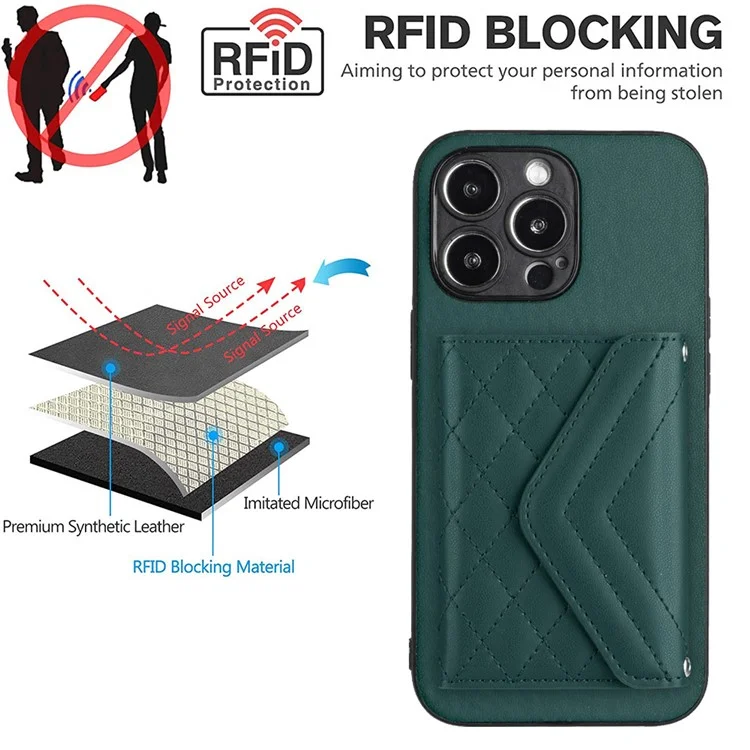 YB Leather Coating Series-8 For iPhone 13 Pro 6.1 inch Case Leather+TPU Anti-fall Card Bag Phone Cover - Green