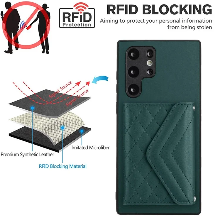 Série de revêtements de cuir YB-8 pour étui Samsung Galaxy S22 Ultra 5G, sac porte-cartes, support de téléphone - Vert