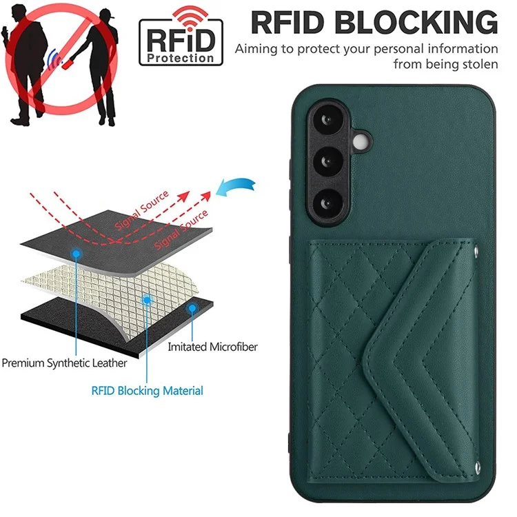 YB Leather Coating Series-8 For Samsung Galaxy S23 FE RFID Blocking Case Card Bag Kickstand Phone Cover - Verde