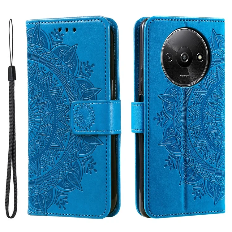 Para Xiaomi Redmi A3 / Poco C61 4G Case Mandala Flower Imprinted Drop Resistant Leather Phone Wallet Cover - Blue