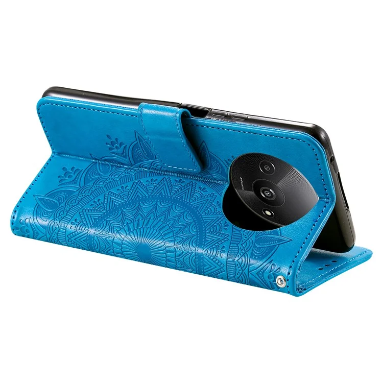 Para Xiaomi Redmi A3 / Poco C61 4G Case Mandala Flower Imprinted Drop Resistant Leather Phone Wallet Cover - Blue