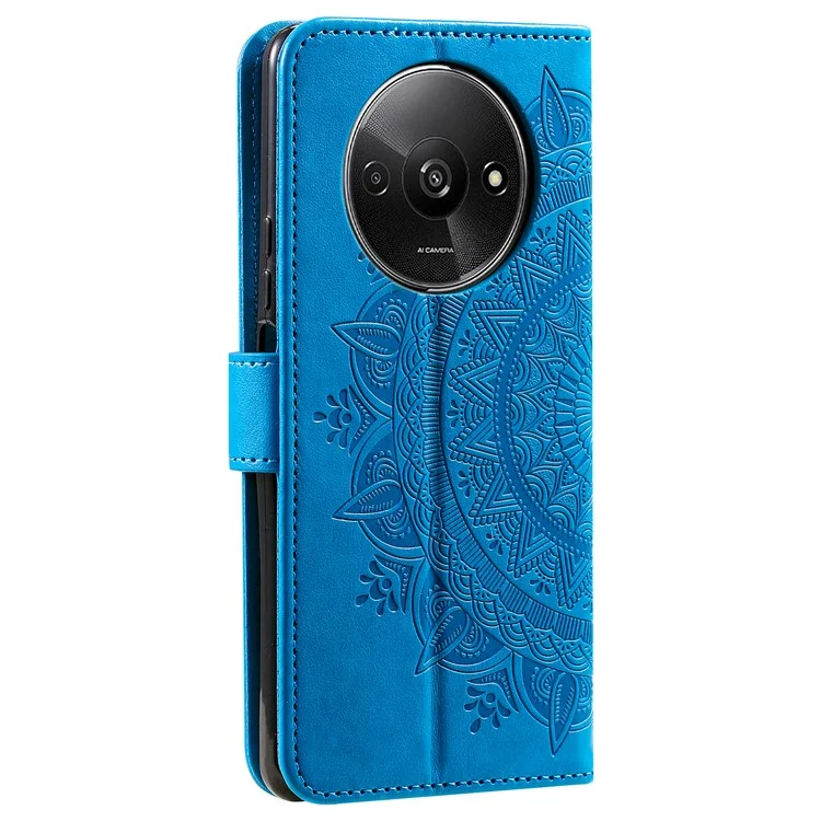 Para Xiaomi Redmi A3 / Poco C61 4G Case Mandala Flower Imprinted Drop Resistant Leather Phone Wallet Cover - Blue