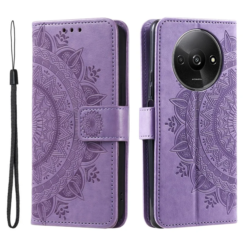 For Xiaomi Redmi A3 / Poco C61 4G Case Mandala Flower Imprinted Drop Resistant Leather Phone Wallet Cover - Purple