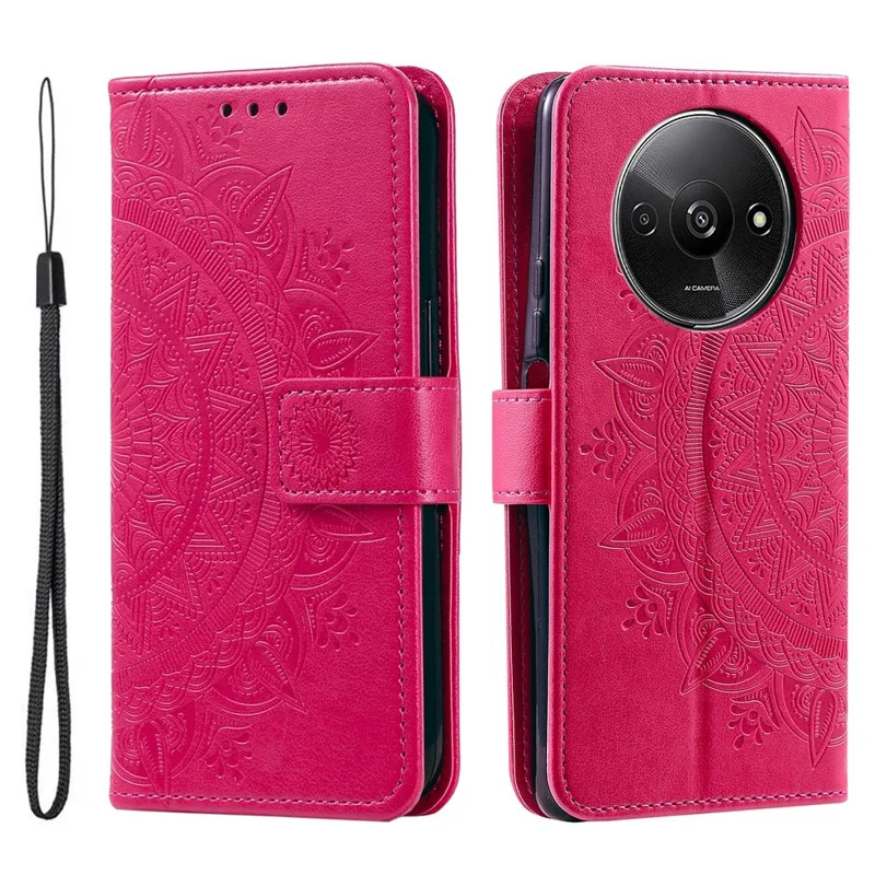 For Xiaomi Redmi A3 / Poco C61 4G Case Mandala Flower Imprinted Drop Resistant Leather Phone Wallet Cover - Rose