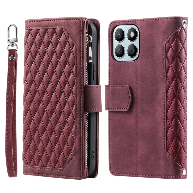 For Honor X8b 4G Wallet Case PU Leather Handbag Zipper Pocket Phone Cover with Strap - Wine Red