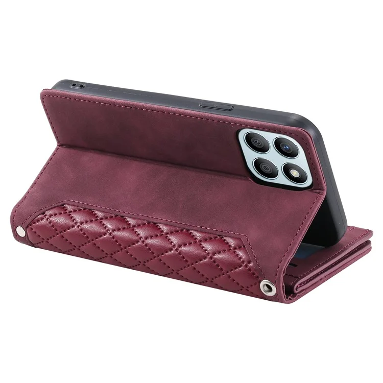 For Honor X8b 4G Wallet Case PU Leather Handbag Zipper Pocket Phone Cover with Strap - Wine Red
