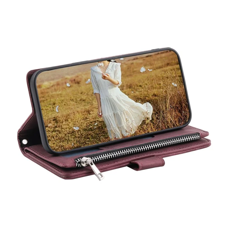 For Honor X8b 4G Wallet Case PU Leather Handbag Zipper Pocket Phone Cover with Strap - Wine Red