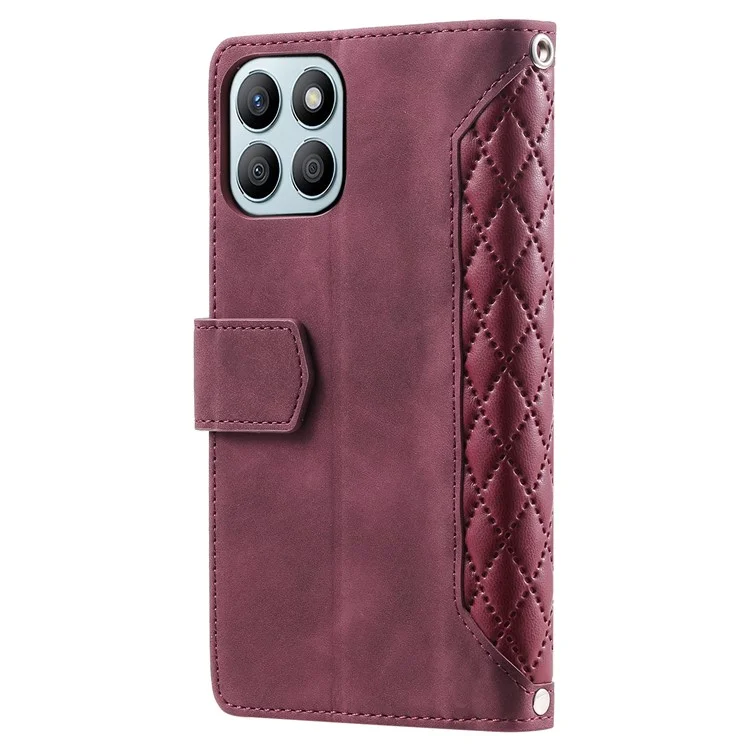 For Honor X8b 4G Wallet Case PU Leather Handbag Zipper Pocket Phone Cover with Strap - Wine Red