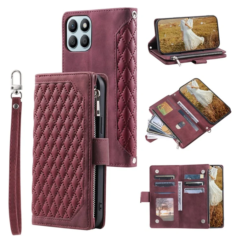 For Honor X8b 4G Wallet Case PU Leather Handbag Zipper Pocket Phone Cover with Strap - Wine Red