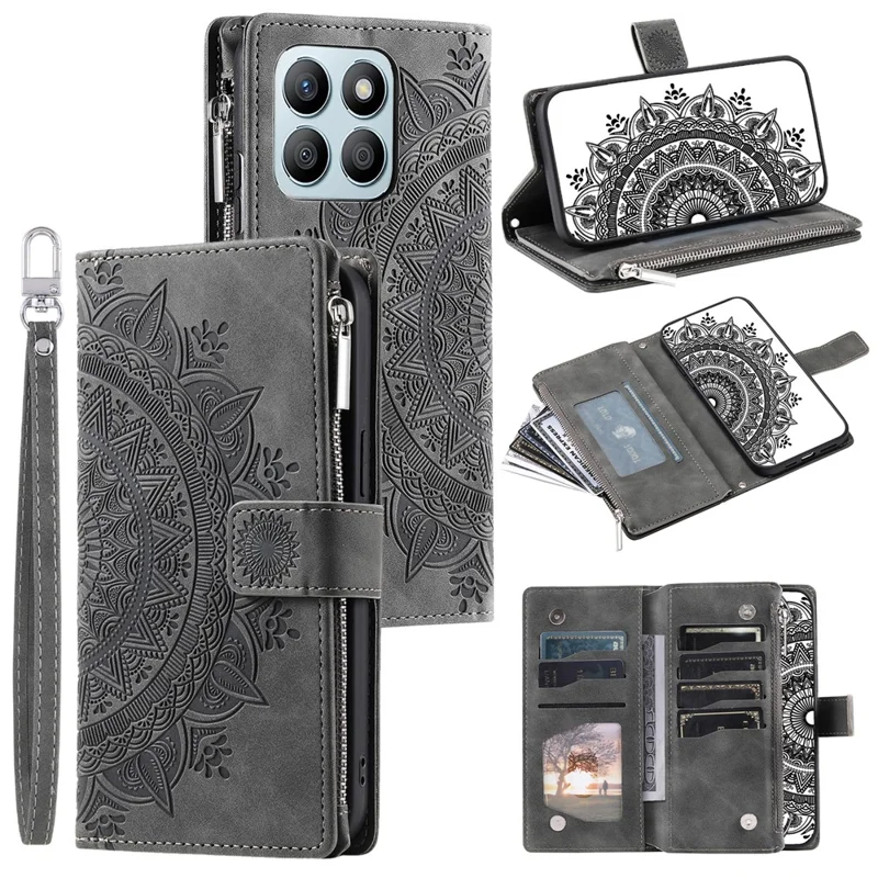 For Honor X8b 4G Case PU Leather Mandala Pattern Imprinted Design Phone Cover - Grey
