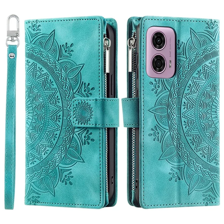 Para Motorola Moto E14 4G / G04 4G / G04s 4G / G24 4G Funda Flip Wallet PU Leather Mandala Pattern Zipper Cover - Verde
