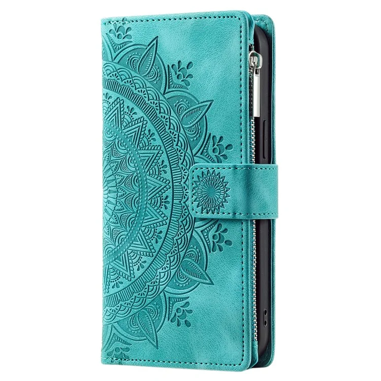 Para Motorola Moto E14 4G / G04 4G / G04s 4G / G24 4G Funda Flip Wallet PU Leather Mandala Pattern Zipper Cover - Verde
