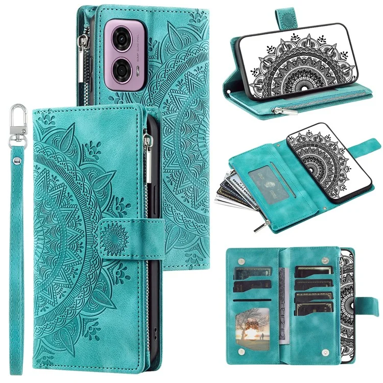 Para Motorola Moto E14 4G / G04 4G / G04s 4G / G24 4G Funda Flip Wallet PU Leather Mandala Pattern Zipper Cover - Verde