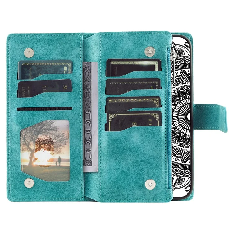 Para Motorola Moto E14 4G / G04 4G / G04s 4G / G24 4G Funda Flip Wallet PU Leather Mandala Pattern Zipper Cover - Verde