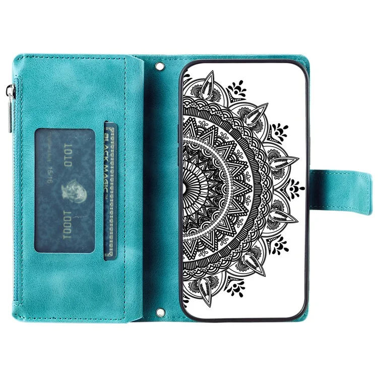 Para Motorola Moto E14 4G / G04 4G / G04s 4G / G24 4G Funda Flip Wallet PU Leather Mandala Pattern Zipper Cover - Verde
