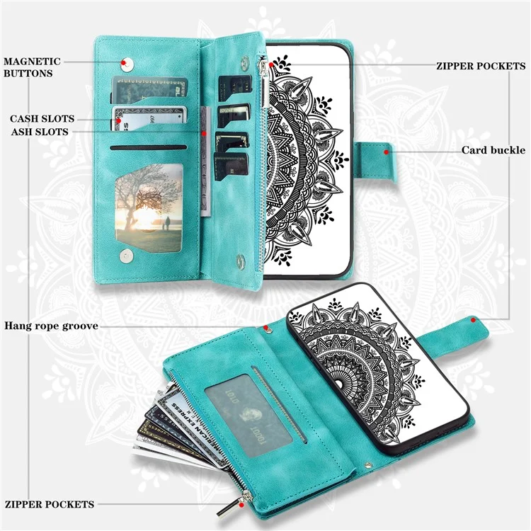 Para Motorola Moto E14 4G / G04 4G / G04s 4G / G24 4G Funda Flip Wallet PU Leather Mandala Pattern Zipper Cover - Verde