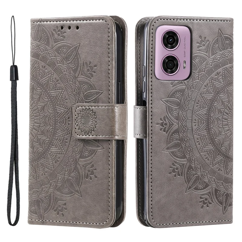 Para Motorola Moto E14 4G / G04 4G / G04s 4G / G24 4G Capa Carteira de Couro PU com Padrão Mandala - Cinza