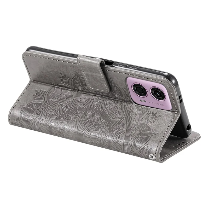 Para Motorola Moto E14 4G / G04 4G / G04s 4G / G24 4G Capa Carteira de Couro PU com Padrão Mandala - Cinza