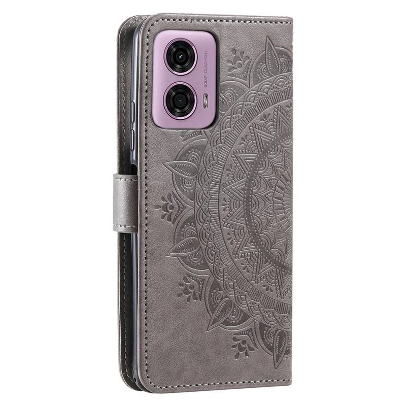 Para Motorola Moto E14 4G / G04 4G / G04s 4G / G24 4G Capa Carteira de Couro PU com Padrão Mandala - Cinza