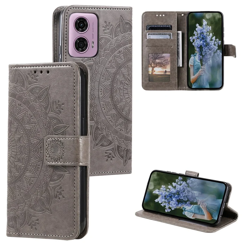 Para Motorola Moto E14 4G / G04 4G / G04s 4G / G24 4G Capa Carteira de Couro PU com Padrão Mandala - Cinza