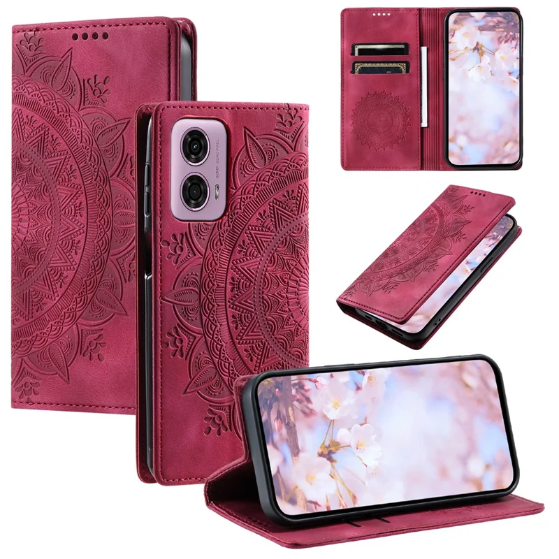 For Motorola Moto E14 4G / G04 4G / G04s 4G / G24 4G Phone Cover Imprinted Flower Pattern Leather Wallet Case - Rose