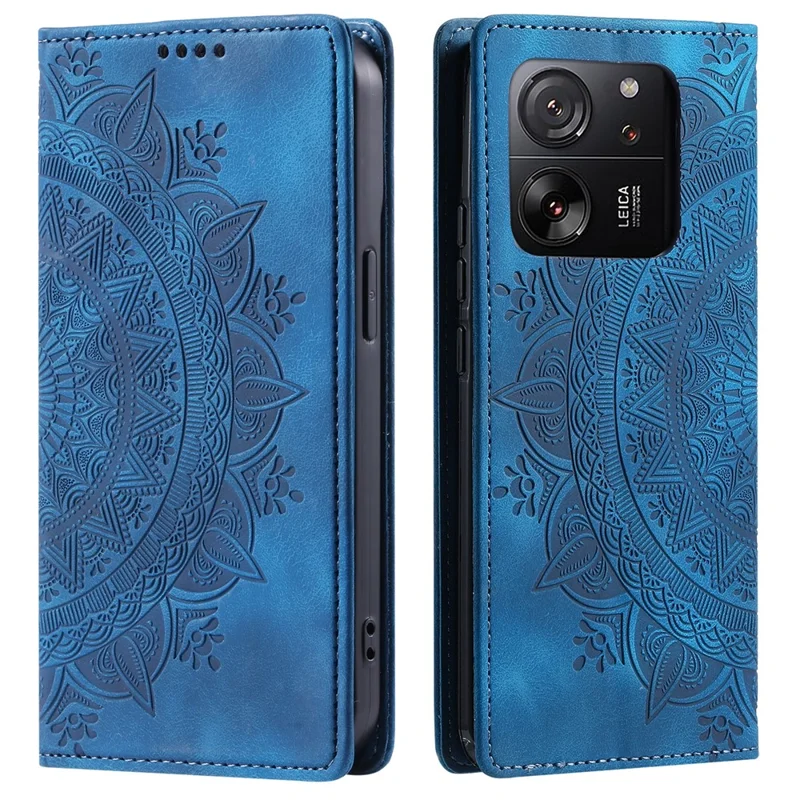 For Xiaomi 13T / 13T Pro / Redmi K60 Ultra Wallet Imprinted Flower Pattern Leather Case Phone Cover - Blue