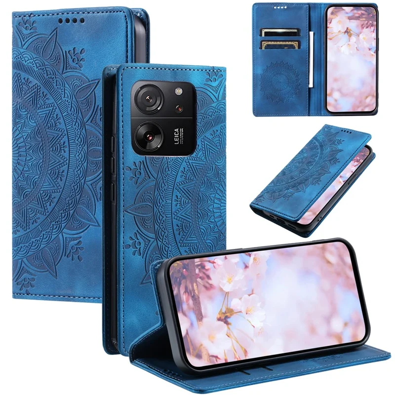 For Xiaomi 13T / 13T Pro / Redmi K60 Ultra Wallet Imprinted Flower Pattern Leather Case Phone Cover - Blue