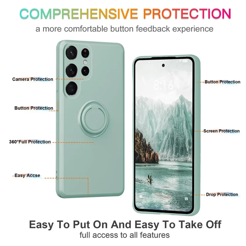 For Samsung Galaxy S24 Ultra Case with Strap Ring Holder Kickstand Phone Cover - Light Cyan