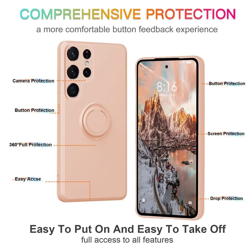 For Samsung Galaxy S24 Ultra Case with Strap Ring Holder Kickstand Phone Cover - Pink