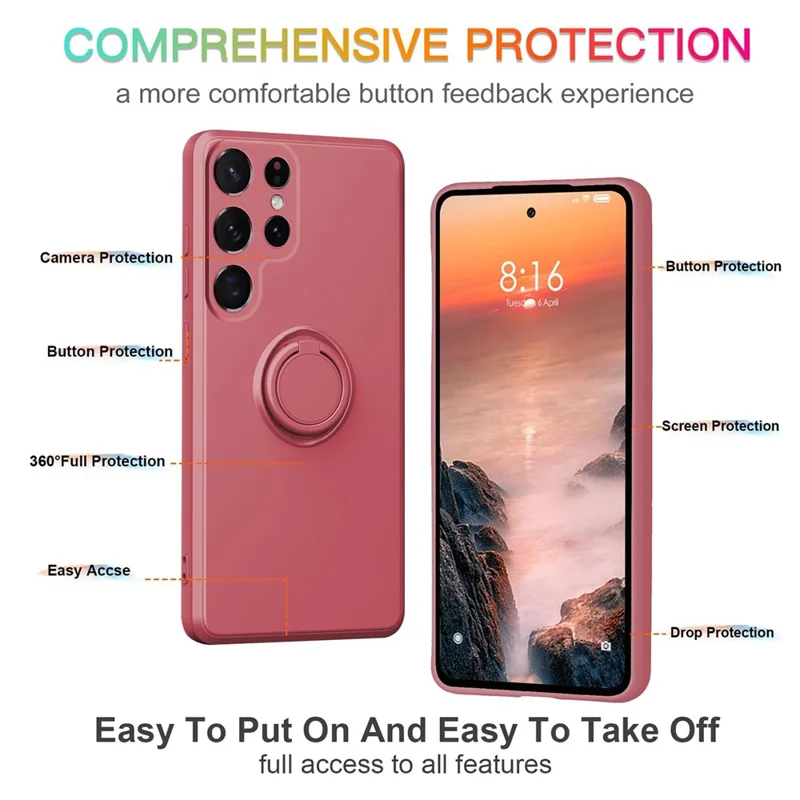 For Samsung Galaxy S24 Ultra Case with Strap Ring Holder Kickstand Phone Cover - Red