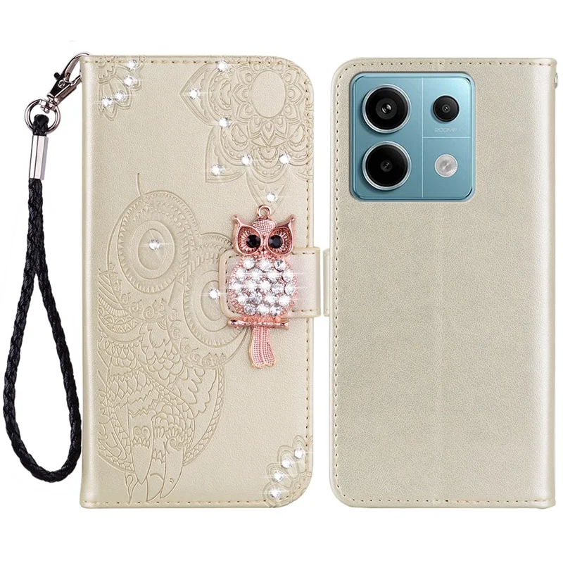 For Xiaomi Redmi Note 13 4G Case Rhinestone Leather Phone Cover Owl Flower Pattern - Gold