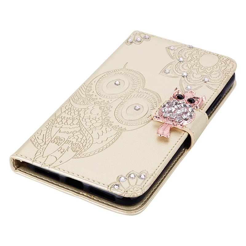 For Xiaomi Redmi Note 13 4G Case Rhinestone Leather Phone Cover Owl Flower Pattern - Gold