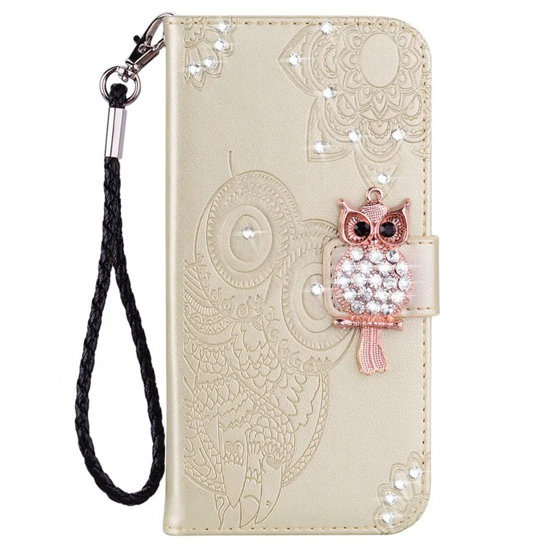 For Xiaomi Redmi Note 13 4G Case Rhinestone Leather Phone Cover Owl Flower Pattern - Gold