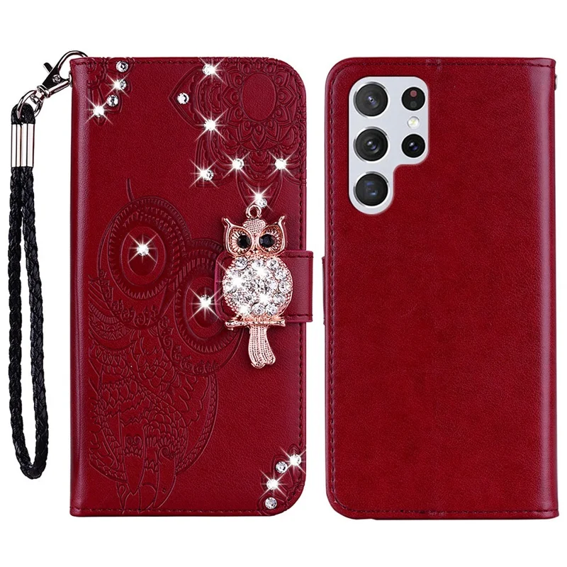 For Samsung Galaxy S24 Ultra Wallet Case Owl Flower Imprinted Rhinestone Leather Cover - Red