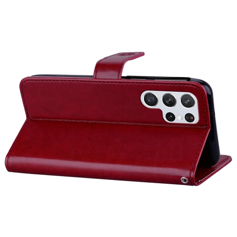 For Samsung Galaxy S24 Ultra Wallet Case Owl Flower Imprinted Rhinestone Leather Cover - Red