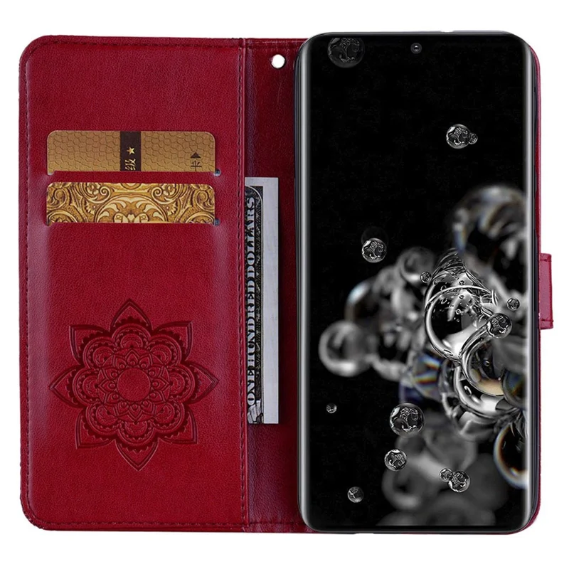 For Samsung Galaxy S24 Ultra Wallet Case Owl Flower Imprinted Rhinestone Leather Cover - Red