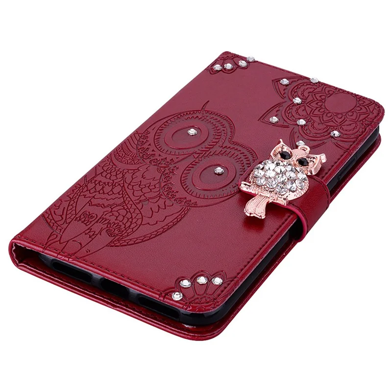 For Samsung Galaxy S24 Ultra Wallet Case Owl Flower Imprinted Rhinestone Leather Cover - Red