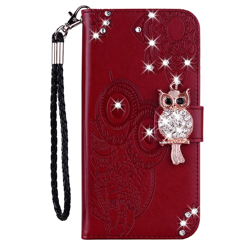 For Samsung Galaxy S24 Ultra Wallet Case Owl Flower Imprinted Rhinestone Leather Cover - Red