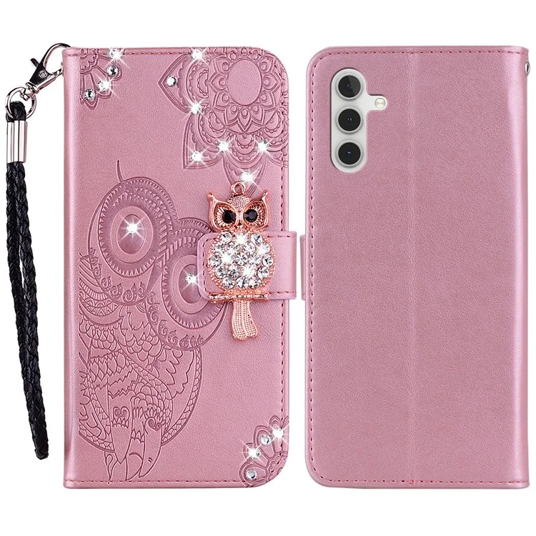 Pour Samsung Galaxy S24 Case Rhinestone Leather Phone Cover Owl Flower Pattern - Rose Gold