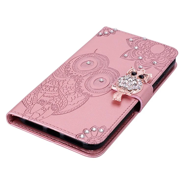 Pour Samsung Galaxy S24 Case Rhinestone Leather Phone Cover Owl Flower Pattern - Rose Gold