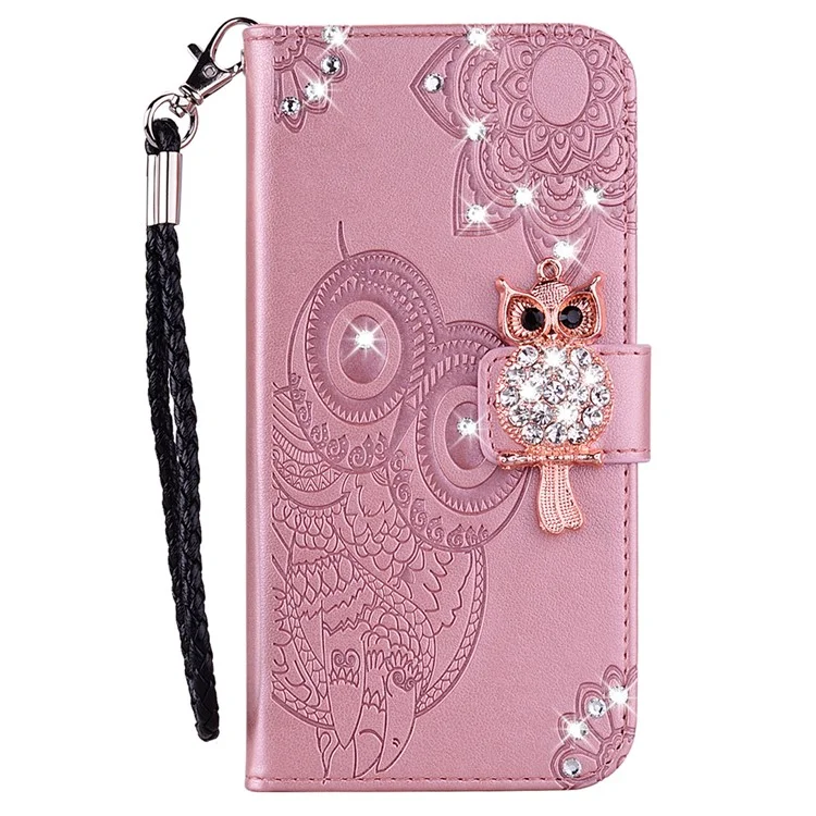 Pour Samsung Galaxy S24 Case Rhinestone Leather Phone Cover Owl Flower Pattern - Rose Gold