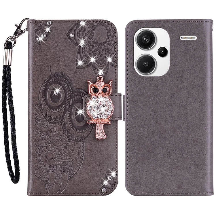 For Xiaomi Redmi Note 13 Pro+ 5G Case Wallet Leather Cover Rhinestone Decor - Grey