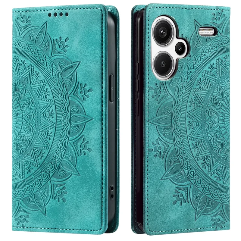 For Xiaomi Redmi Note 13 Pro+ 5G Wallet Phone Case Imprinted Flower Pattern Leather Flip Cover - Mint Green