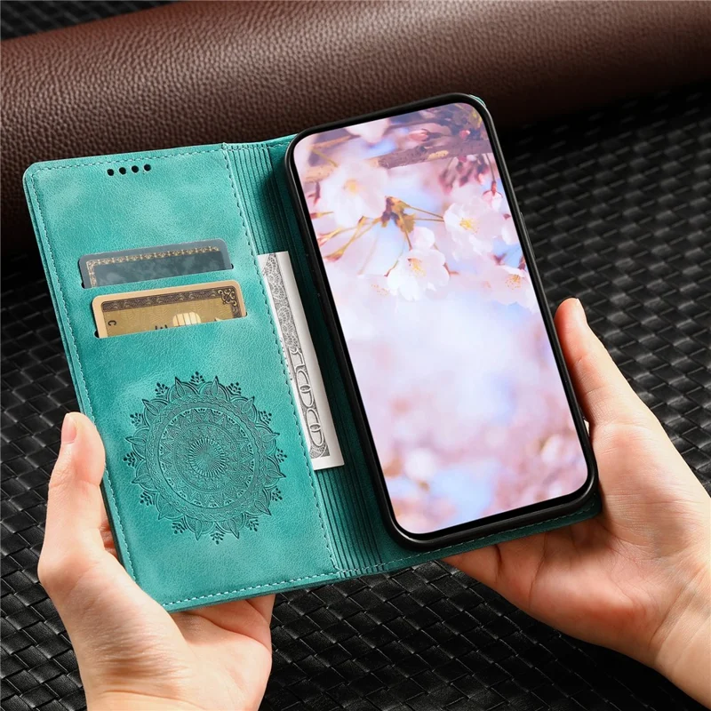 For Xiaomi Redmi Note 13 Pro+ 5G Wallet Phone Case Imprinted Flower Pattern Leather Flip Cover - Mint Green