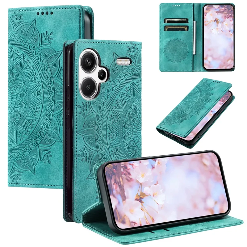 For Xiaomi Redmi Note 13 Pro+ 5G Wallet Phone Case Imprinted Flower Pattern Leather Flip Cover - Mint Green