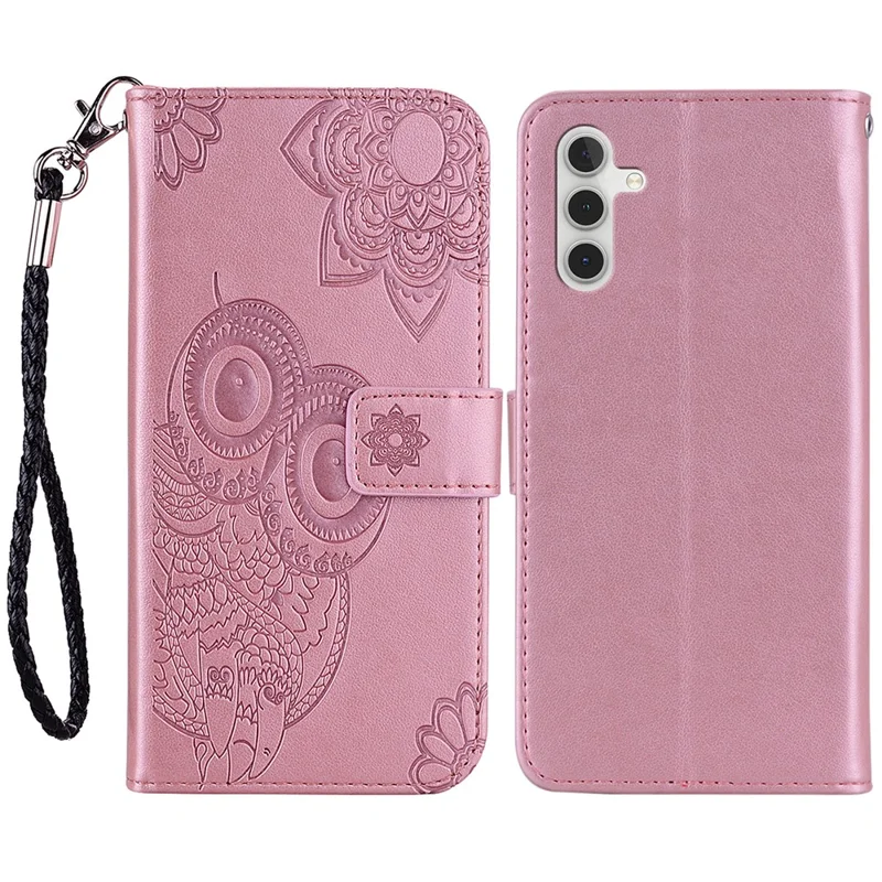 For Samsung Galaxy A35 5G Leather Case Owl Imprinted Wallet Flip Phone Cover - Rose Gold